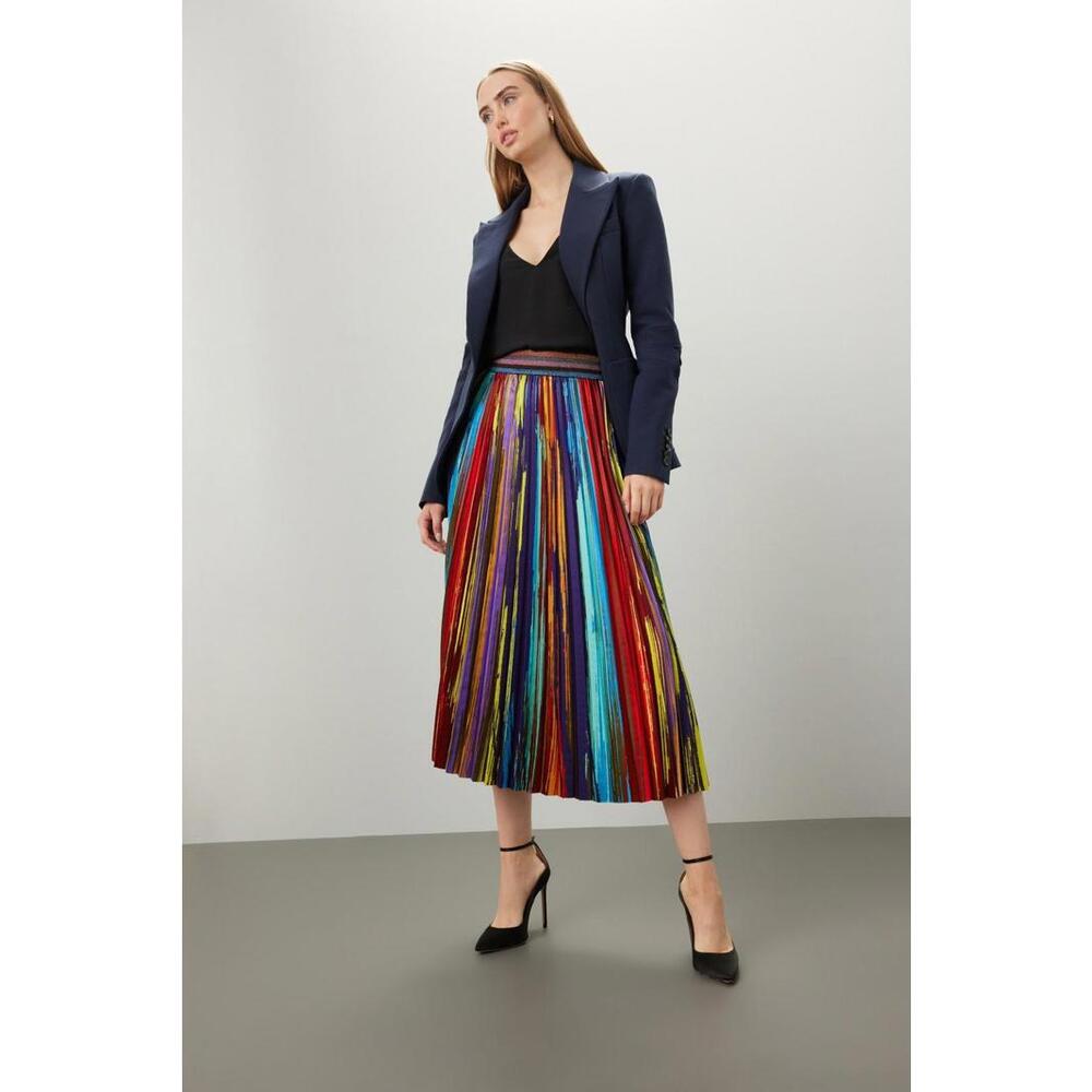 Le Superbe Multicolored Painted Stripe Skirt Size L with Raw Hem & Fabric Pull